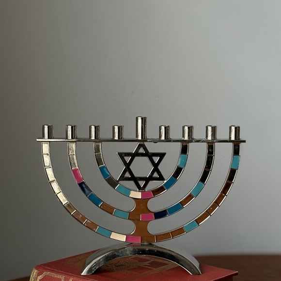 Silver-Tone Enamel Menorah with Multicolor Inlays - Picture 15 of 15